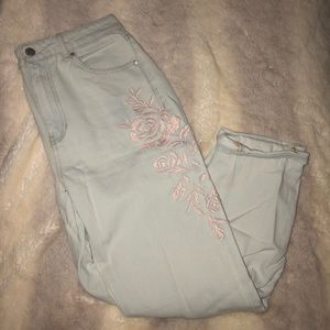 pink flower embroidered high-rise jeans